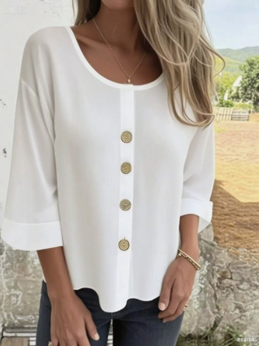 Women's Fashionable Round Neck Cotton And Linen Top