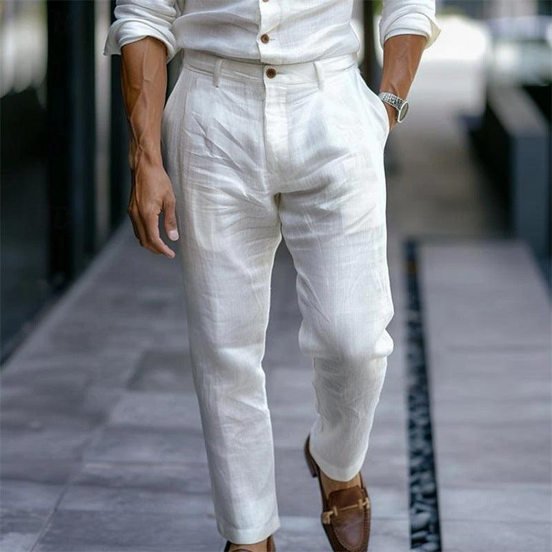 Men's Linen Trousers Solid Color Breathable Casual Pants Outdoor Clothing - souqmart