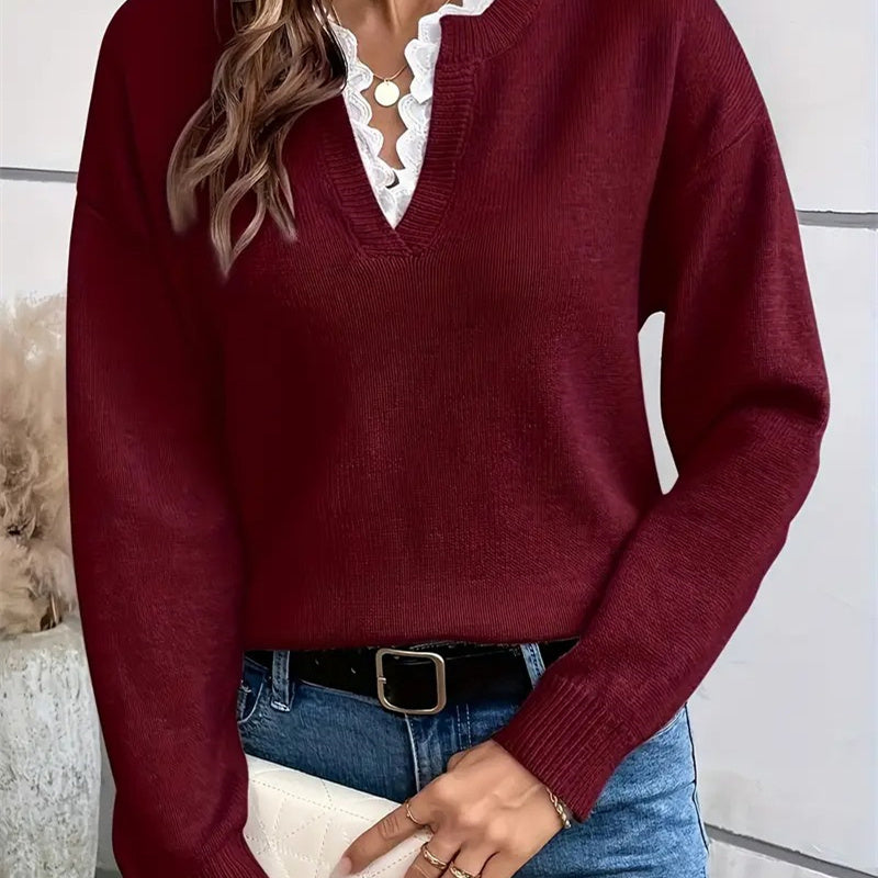 Women's Fashionable Solid Color Loose Lace V-neck Sweater