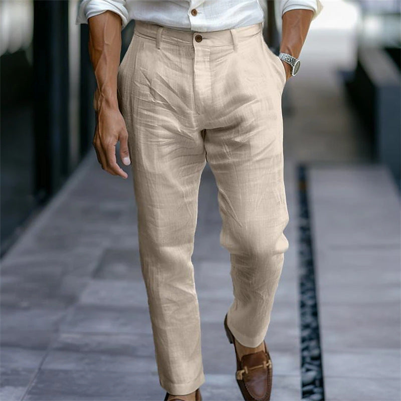 Men's Linen Trousers Solid Color Breathable Casual Pants Outdoor Clothing - souqmart