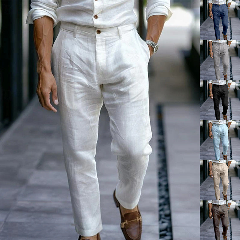 Men's Linen Trousers Solid Color Breathable Casual Pants Outdoor Clothing - souqmart