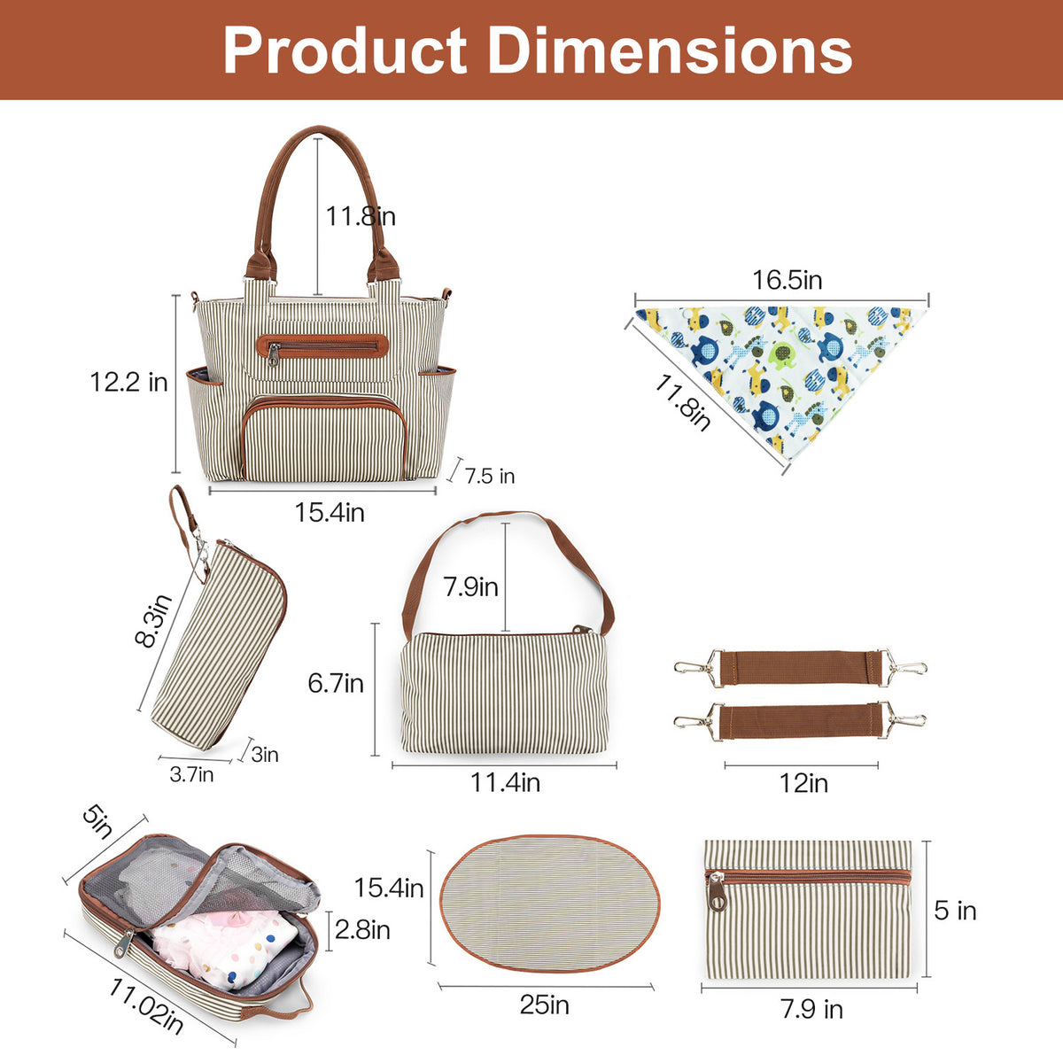 8Pcs Baby Nappy Diaper Bags Set For Mom Dad Mummy Handbags Multifunctional Diaper Changing Bags With Bottle Bag Mesh Bag Purse Diaper Pad 2 Burp Cloths 2 Hook Straps