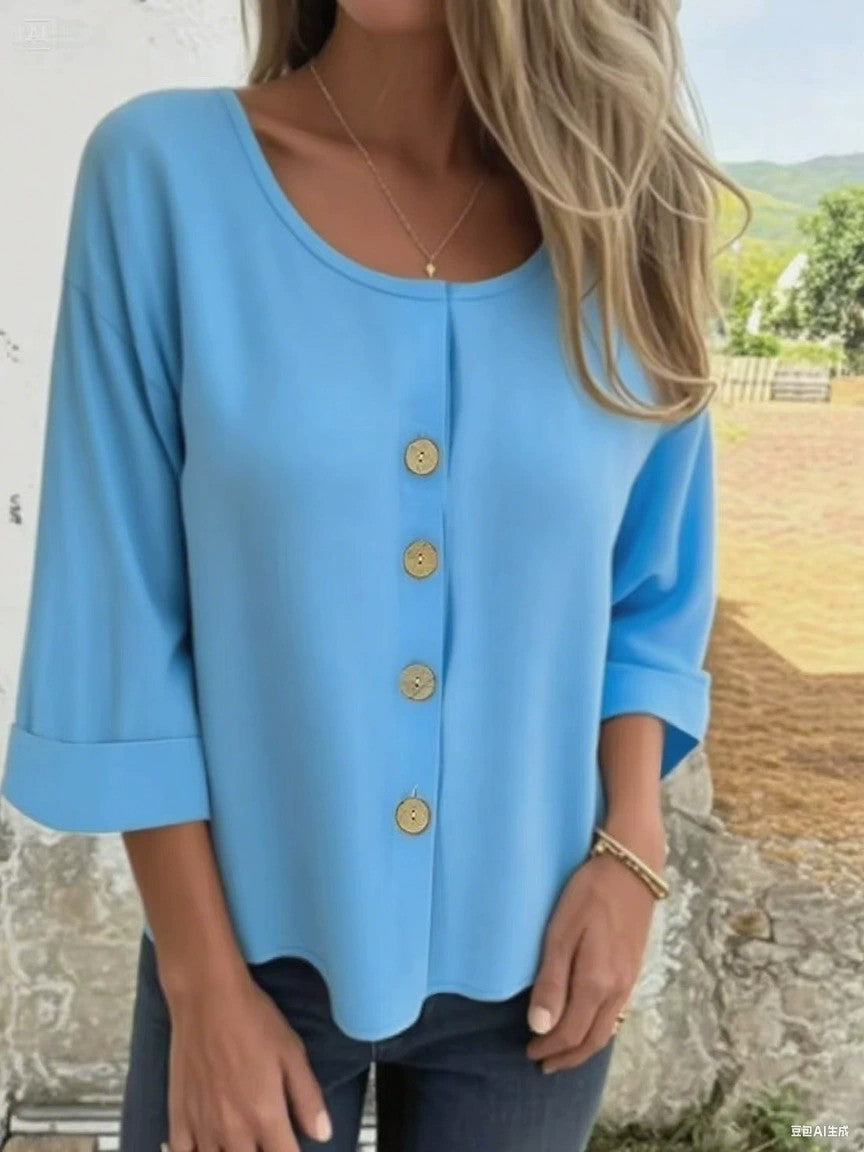 Women's Fashionable Round Neck Cotton And Linen Top