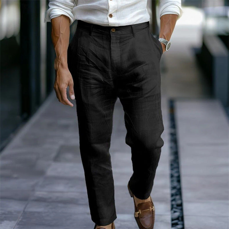 Men's Linen Trousers Solid Color Breathable Casual Pants Outdoor Clothing - souqmart