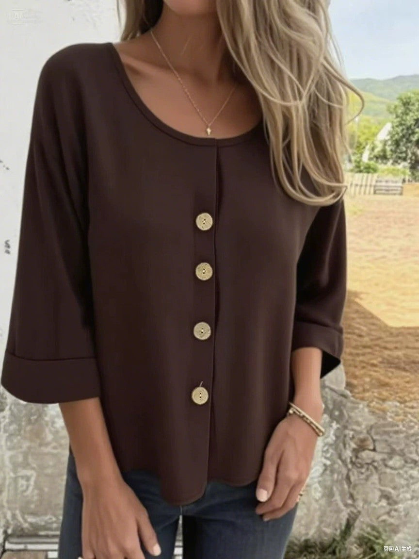 Women's Fashionable Round Neck Cotton And Linen Top