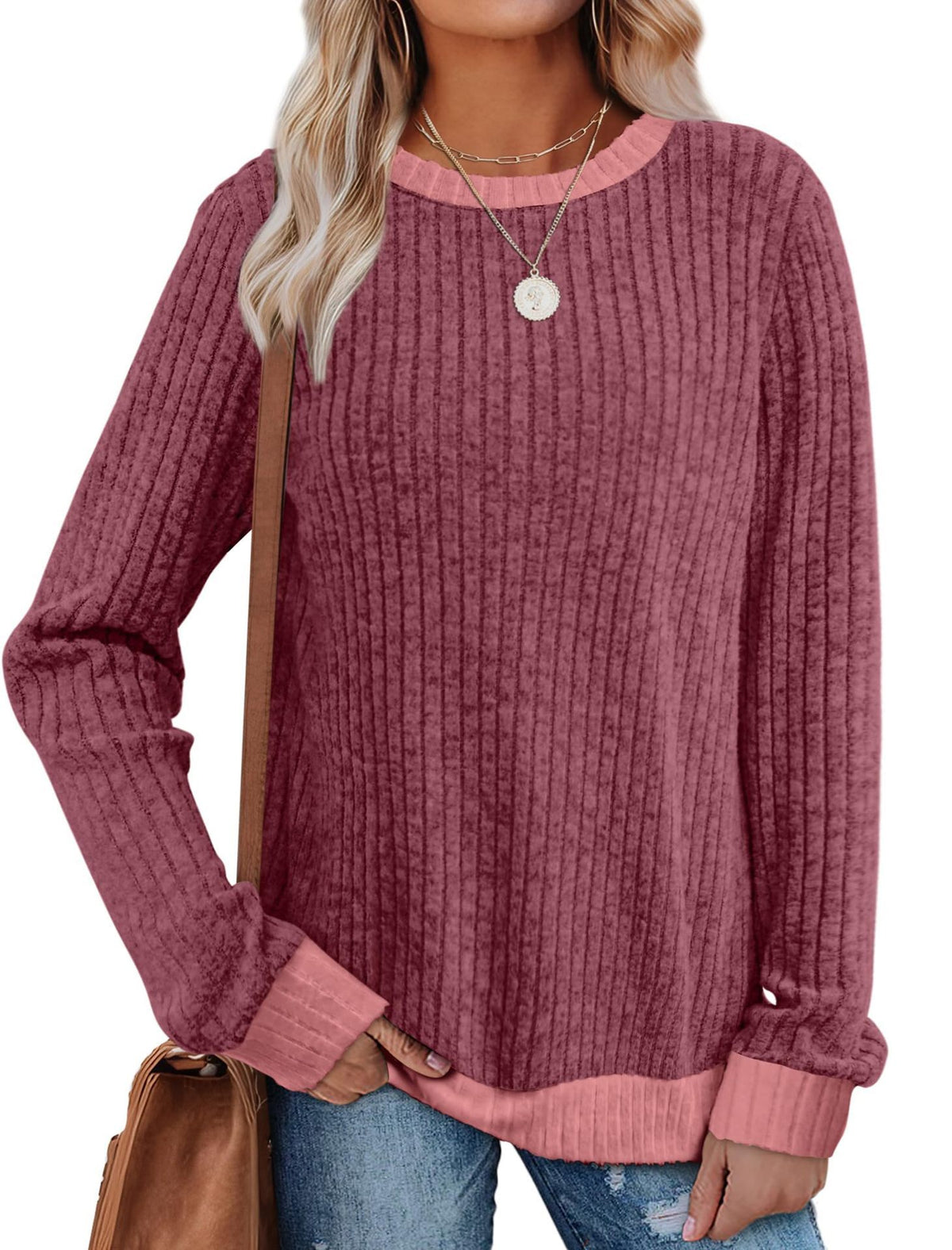 Color Matching Casual Round Neck Pullover Long Sleeve Top
