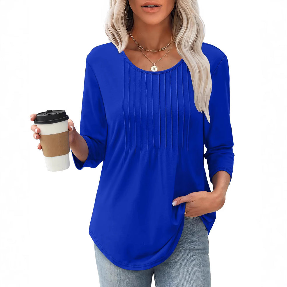 Women's Long Sleeve Top Fashion Casual Pleated Low Round Neck - souqmart