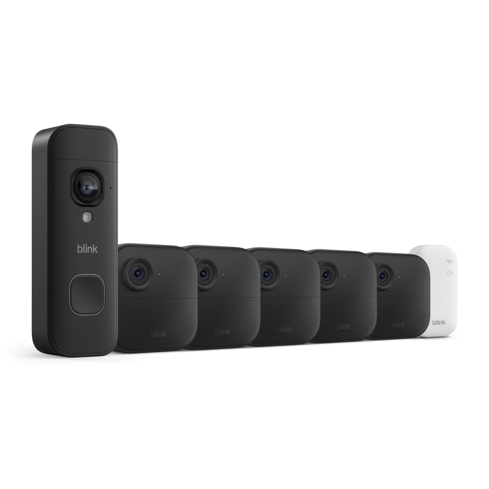 Blink Outdoor 4 and Wired Doorbell 2K+ (newest model) — Two-year battery 1080p cameras and 2K hardwired doorbell. Sync Module Core included — 3 Cameras + Doorbell (Black)
