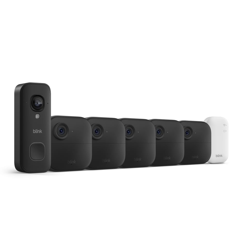 Blink Outdoor 4 and Wired Doorbell 2K+ (newest model) — Two-year battery 1080p cameras and 2K hardwired doorbell. Sync Module Core included — 3 Cameras + Doorbell (Black)
