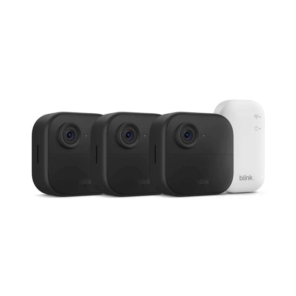 Blink Outdoor 4 and Wired Doorbell 2K+ (newest model) — Two-year battery 1080p cameras and 2K hardwired doorbell. Sync Module Core included — 3 Cameras + Doorbell (Black)
