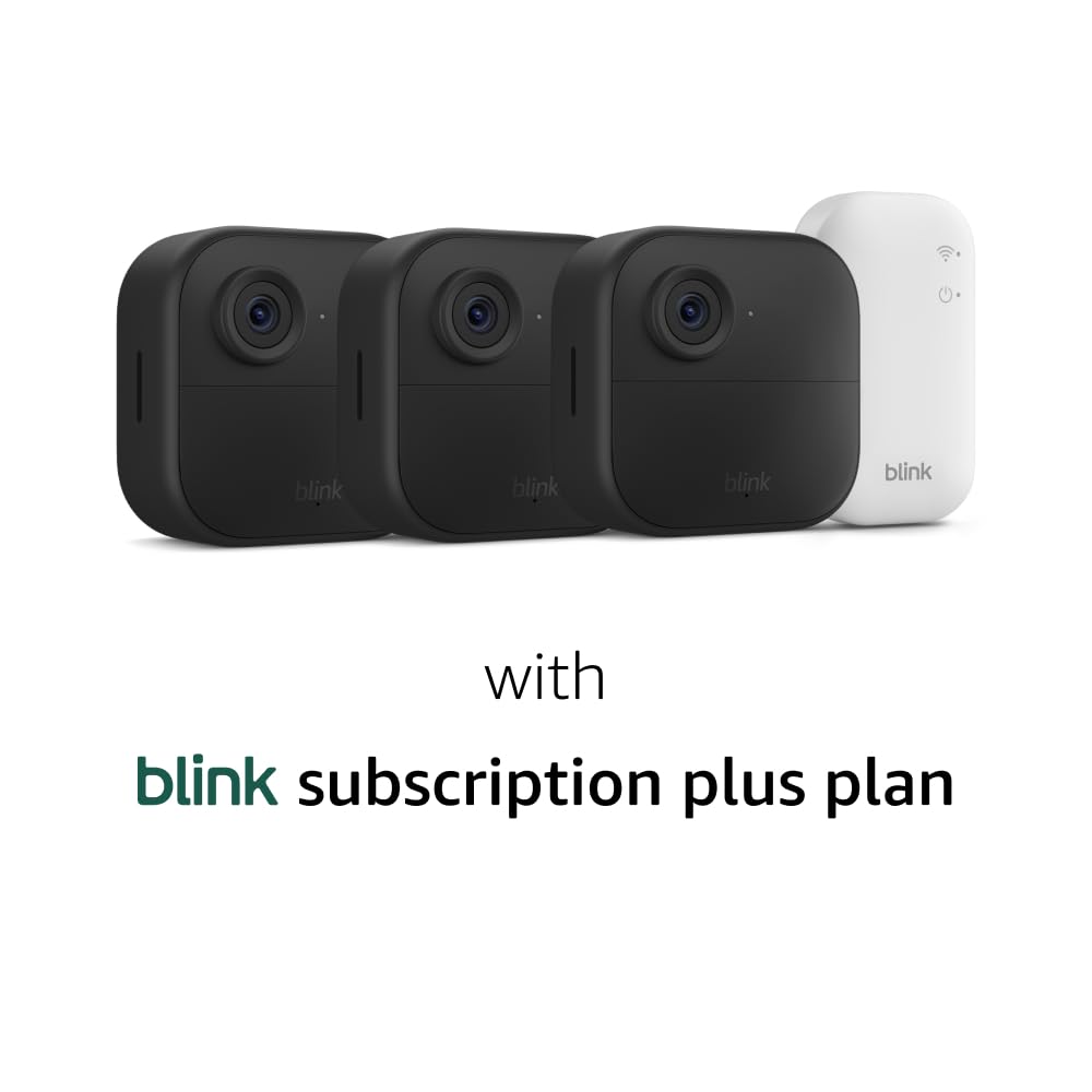 Blink Outdoor 4 and Wired Doorbell 2K+ (newest model) — Two-year battery 1080p cameras and 2K hardwired doorbell. Sync Module Core included — 3 Cameras + Doorbell (Black)