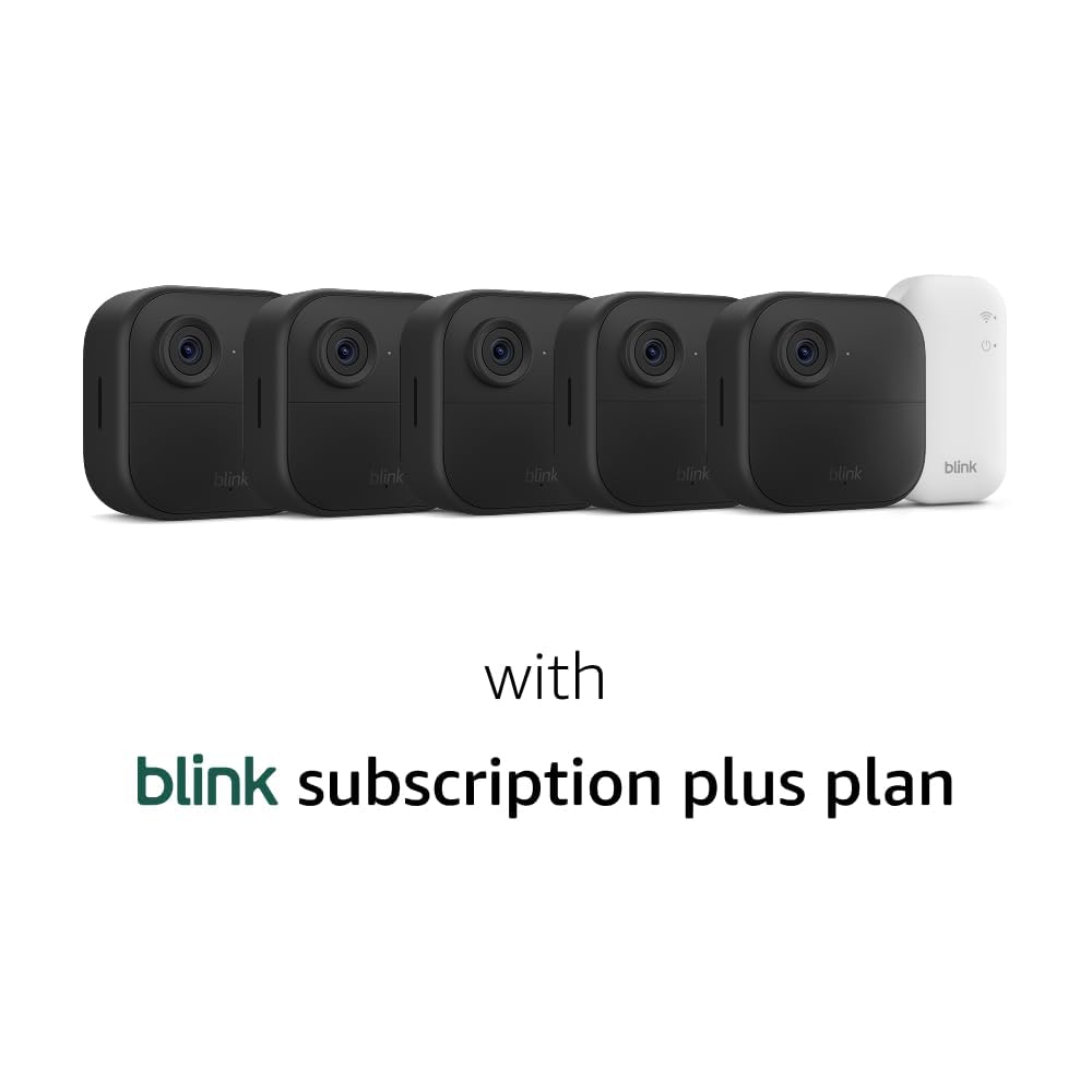 Blink Outdoor 4 and Wired Doorbell 2K+ (newest model) — Two-year battery 1080p cameras and 2K hardwired doorbell. Sync Module Core included — 3 Cameras + Doorbell (Black)