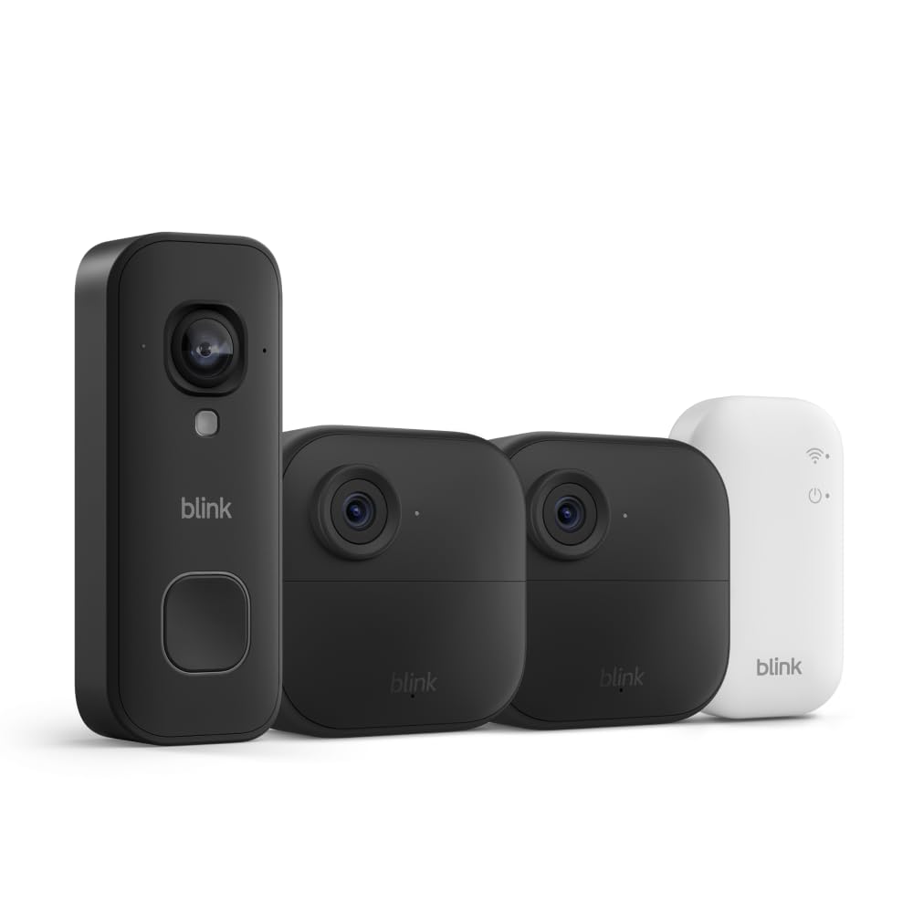 Blink Outdoor 4 and Wired Doorbell 2K+ (newest model) — Two-year battery 1080p cameras and 2K hardwired doorbell. Sync Module Core included — 3 Cameras + Doorbell (Black)