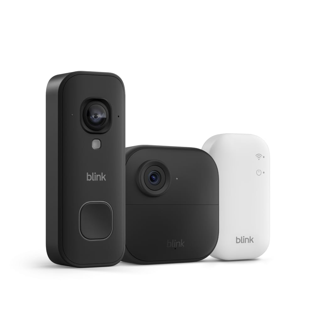 Blink Outdoor 4 and Wired Doorbell 2K+ (newest model) — Two-year battery 1080p cameras and 2K hardwired doorbell. Sync Module Core included — 3 Cameras + Doorbell (Black)
