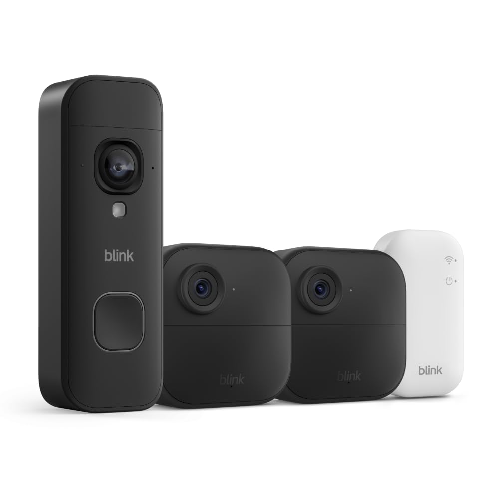 Blink Outdoor 4 and Wired Doorbell 2K+ (newest model) — Two-year battery 1080p cameras and 2K hardwired doorbell. Sync Module Core included — 3 Cameras + Doorbell (Black)