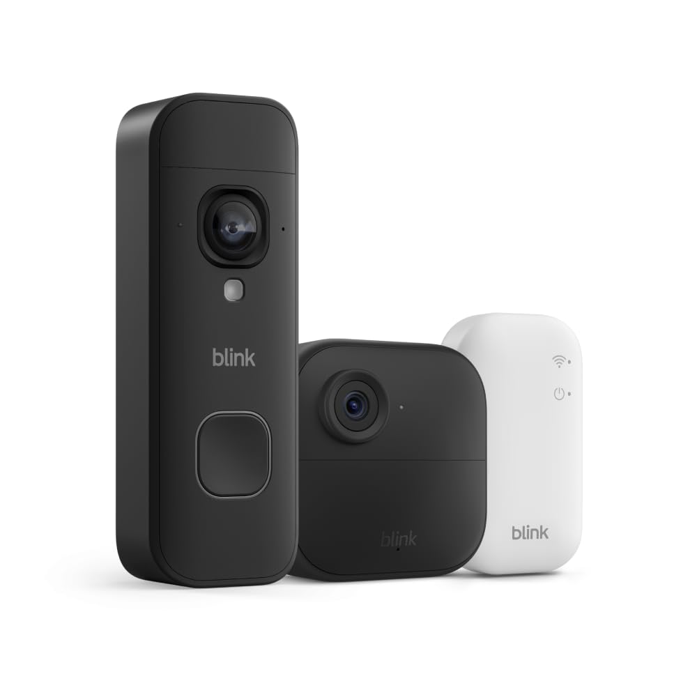 Blink Outdoor 4 and Wired Doorbell 2K+ (newest model) — Two-year battery 1080p cameras and 2K hardwired doorbell. Sync Module Core included — 3 Cameras + Doorbell (Black)