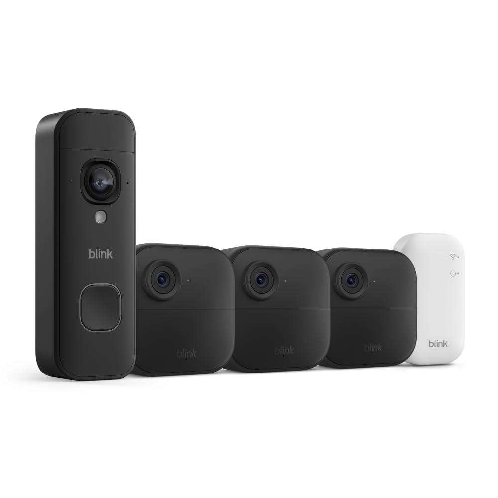 Blink Outdoor 4 and Wired Doorbell 2K+ (newest model) — Two-year battery 1080p cameras and 2K hardwired doorbell. Sync Module Core included — 3 Cameras + Doorbell (Black)