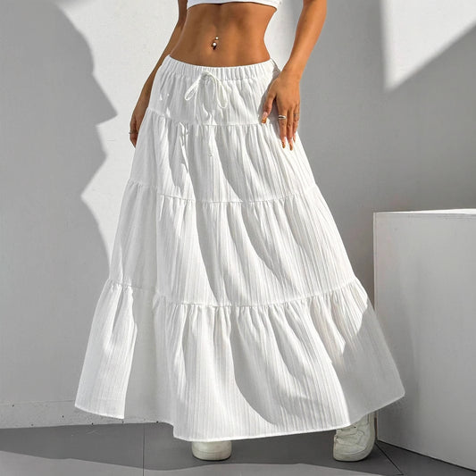 White Skirt Lace-up Large Swing Skirt Loose Long Dress - souqmart