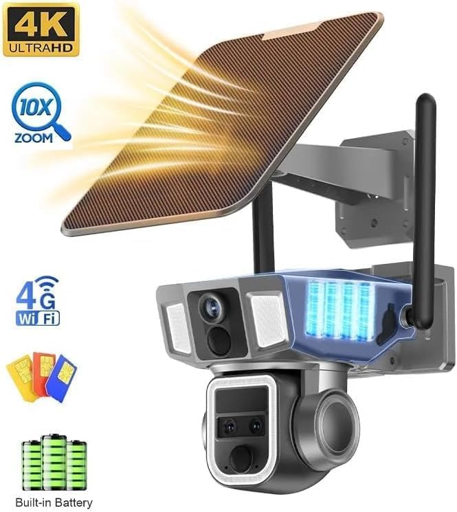 كاميرات مراقبة لاسلكية تعمل بالطاقة الشمسية 4G وواي فاي للاماكن الخارجية بدقة 4K 8MP و4G وواي فاي، كاميرا مراقبة منزلية بعدسات مزدوجة، رؤية ليلية ملونة بالكامل، تحدث باتجاهين، تتبع الانسان