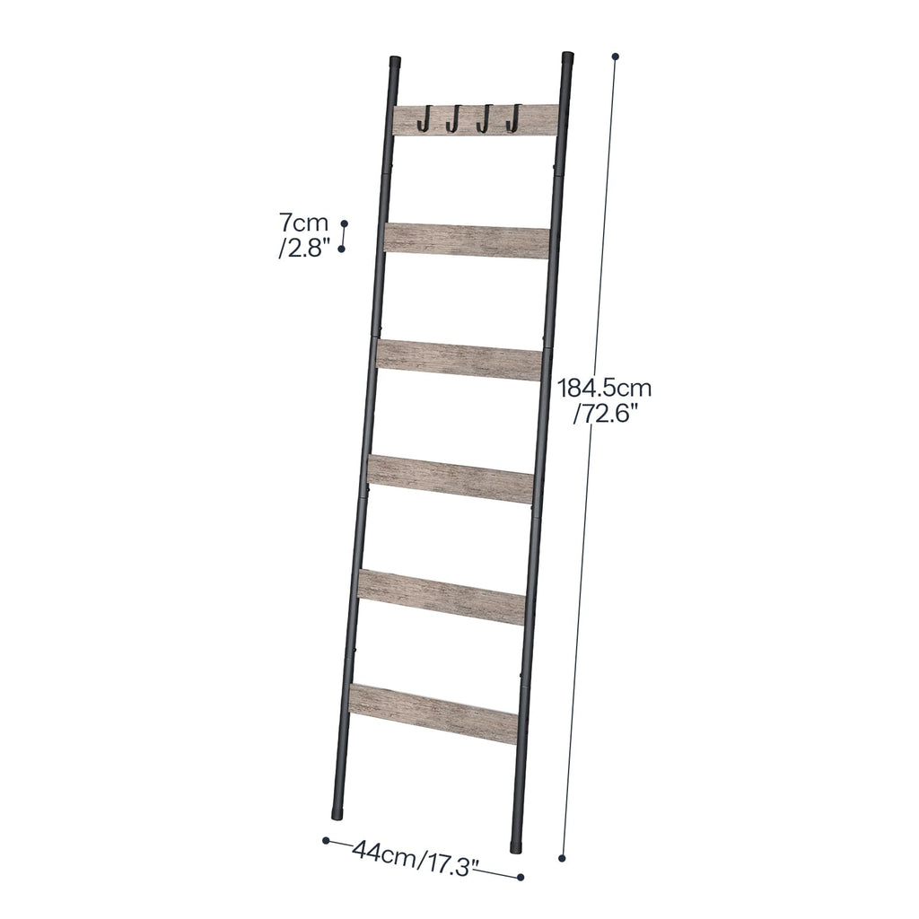 HOOBRO Blanket Ladder, 5-Tier Towel Rack with Hooks, Wall-Leaning Blanket Rack, Decorative Display Ladder Shelf, for Scarves, Industrial, Living Room, Bedroom, Rustic Brown and Black BF52CJ01G1