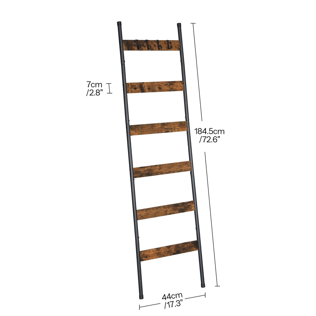HOOBRO Blanket Ladder, 5-Tier Towel Rack with Hooks, Wall-Leaning Blanket Rack, Decorative Display Ladder Shelf, for Scarves, Industrial, Living Room, Bedroom, Rustic Brown and Black BF52CJ01G1