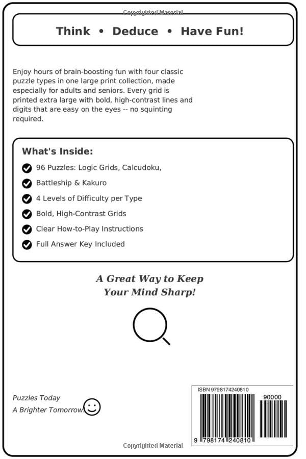 Large Print Logic Puzzles for Adults & Seniors: Logic Grids, Calcudoku, Battleship & Kakuro (The Big Book of Puzzles Series, Band 9)