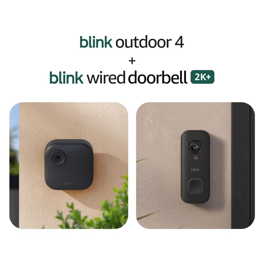 Blink Outdoor 4 and Wired Doorbell 2K+ (newest model) — Two-year battery 1080p cameras and 2K hardwired doorbell. Sync Module Core included — 3 Cameras + Doorbell (Black)