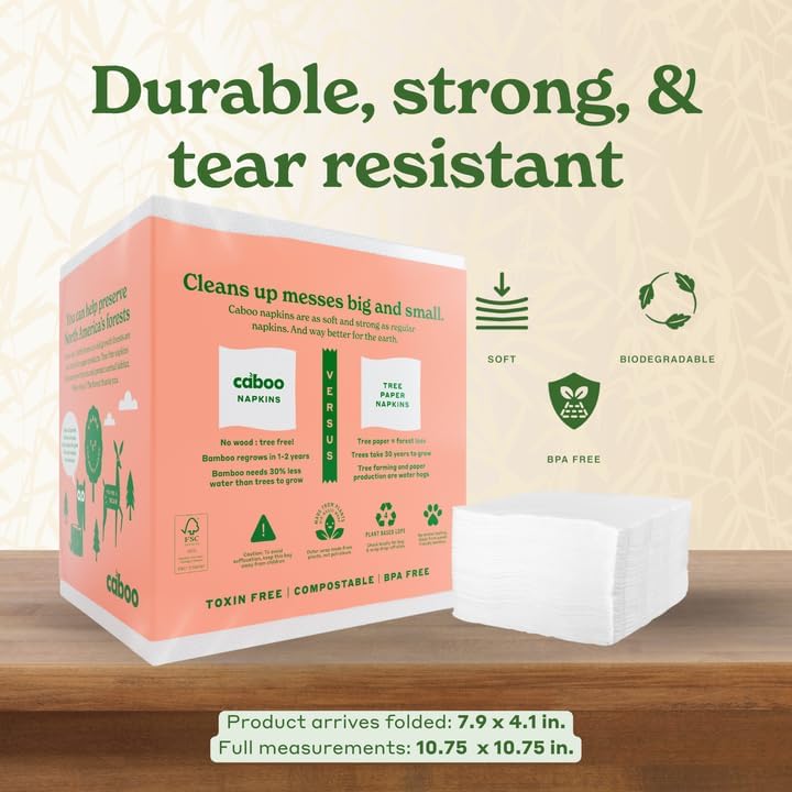 Caboo Tree Free Napkins, 4 Packs of 250, 1000 Total Napkins, Sustainable & Disposable Kitchen Napkin