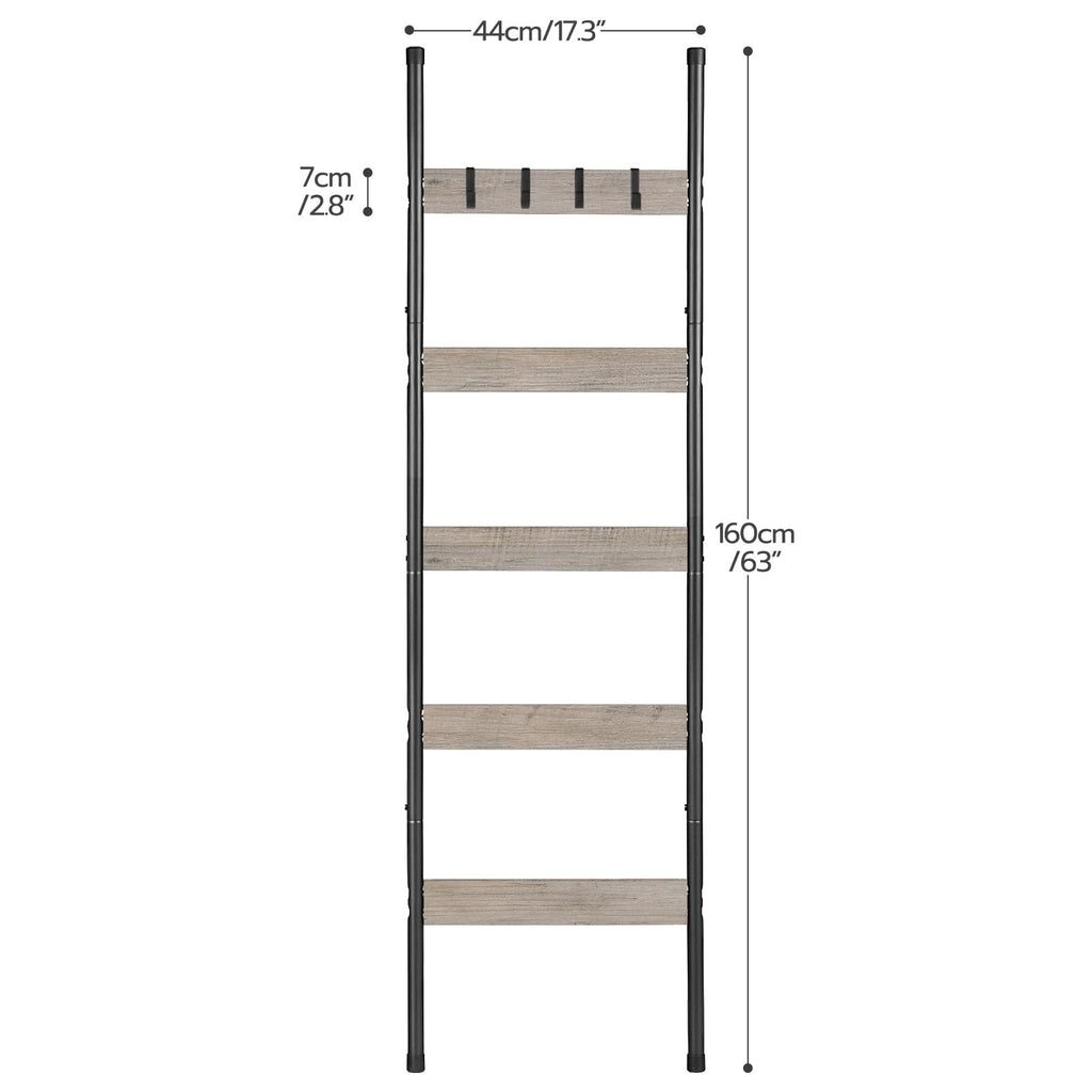 HOOBRO Blanket Ladder, 5-Tier Towel Rack with Hooks, Wall-Leaning Blanket Rack, Decorative Display Ladder Shelf, for Scarves, Industrial, Living Room, Bedroom, Rustic Brown and Black BF52CJ01G1