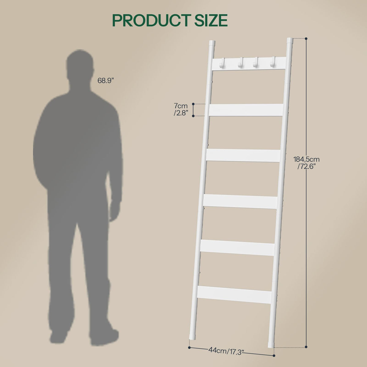 HOOBRO Blanket Ladder, 5-Tier Towel Rack with Hooks, Wall-Leaning Blanket Rack, Decorative Display Ladder Shelf, for Scarves, Industrial, Living Room, Bedroom, Rustic Brown and Black BF52CJ01G1
