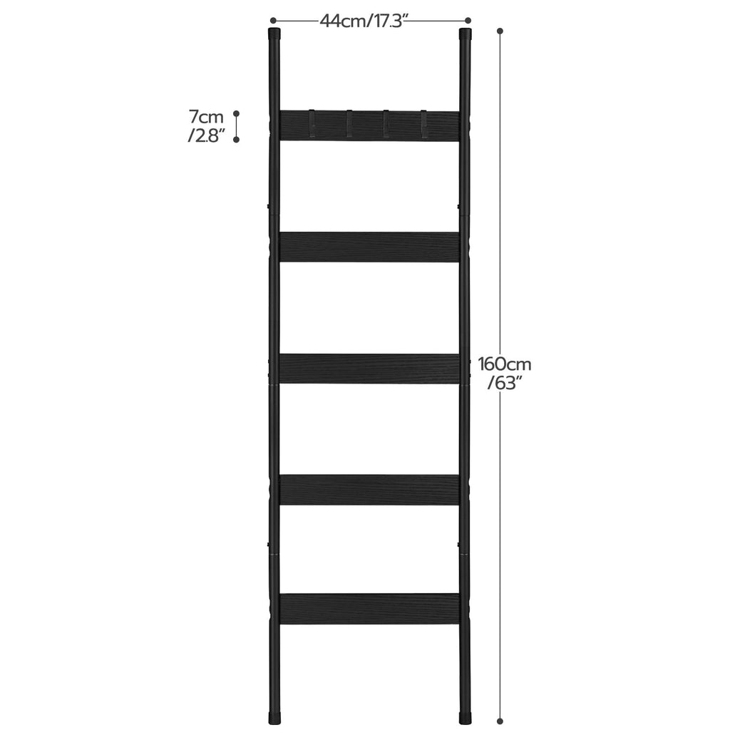 HOOBRO Blanket Ladder, 5-Tier Towel Rack with Hooks, Wall-Leaning Blanket Rack, Decorative Display Ladder Shelf, for Scarves, Industrial, Living Room, Bedroom, Rustic Brown and Black BF52CJ01G1