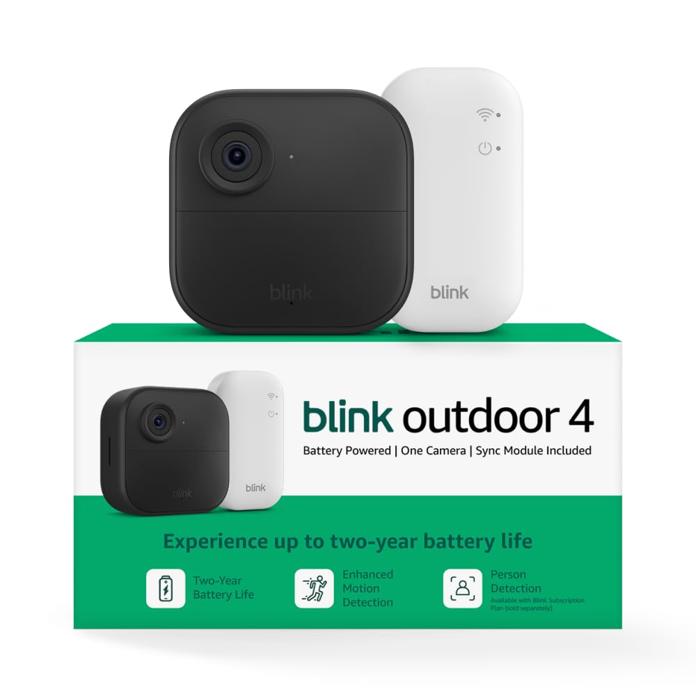 Blink Outdoor 4 and Wired Doorbell 2K+ (newest model) — Two-year battery 1080p cameras and 2K hardwired doorbell. Sync Module Core included — 3 Cameras + Doorbell (Black)