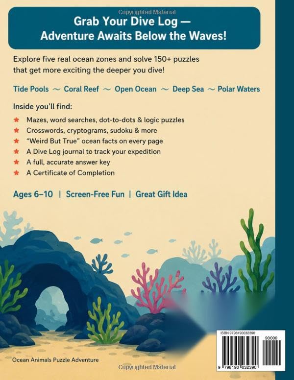 Ocean Animals Puzzle Adventure: 150+ Mazes, Word Searches, Dot-to-Dots & Hidden Picture Puzzles for Kids Ages 6-10