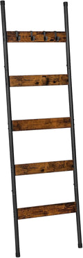 HOOBRO Blanket Ladder, 5-Tier Towel Rack with Hooks, Wall-Leaning Blanket Rack, Decorative Display Ladder Shelf, for Scarves, Industrial, Living Room, Bedroom, Rustic Brown and Black BF52CJ01G1