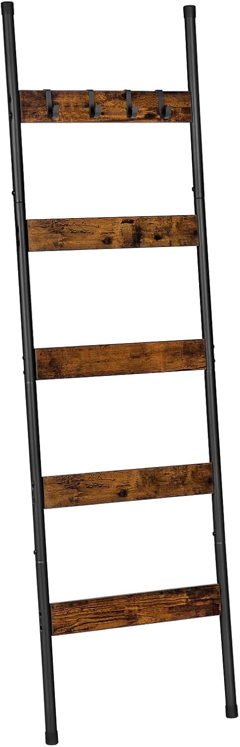 HOOBRO Blanket Ladder, 5-Tier Towel Rack with Hooks, Wall-Leaning Blanket Rack, Decorative Display Ladder Shelf, for Scarves, Industrial, Living Room, Bedroom, Rustic Brown and Black BF52CJ01G1