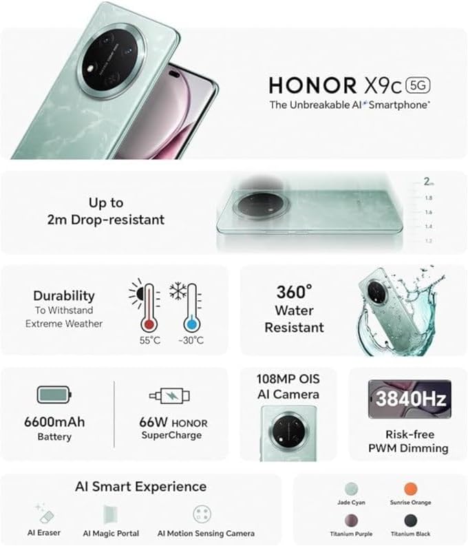 HONOR X9c 5G Dual SIM (12GB RAM, 256GB Storage) | 108MP Triple Camera | 6.78" AMOLED 120Hz Display | 6600mAh Battery | Android 14 (Titanium Black)