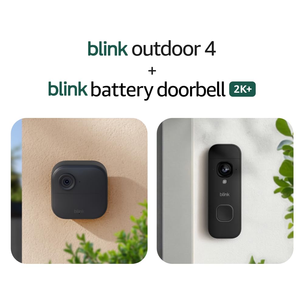 Blink Outdoor 4 and Wired Doorbell 2K+ (newest model) — Two-year battery 1080p cameras and 2K hardwired doorbell. Sync Module Core included — 3 Cameras + Doorbell (Black)