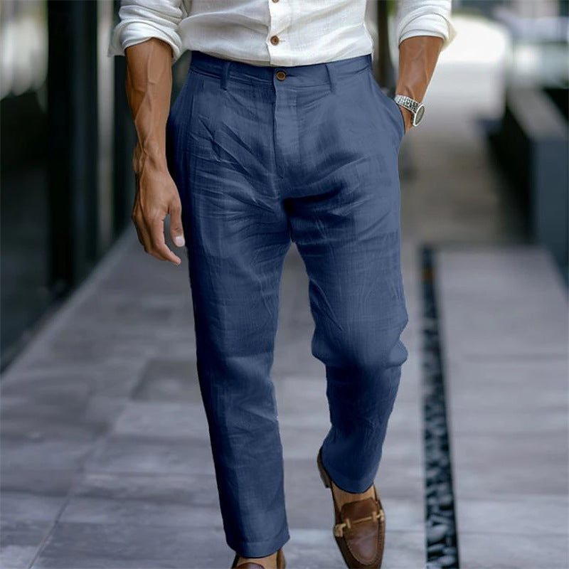 Men's Linen Trousers Solid Color Breathable Casual Pants Outdoor Clothing - souqmart