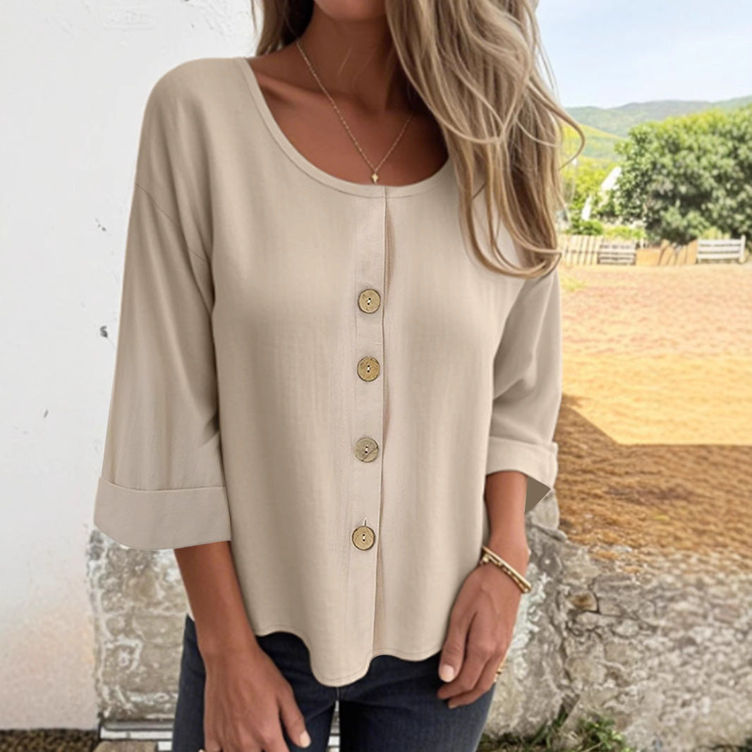 Women's Fashionable Round Neck Cotton And Linen Top