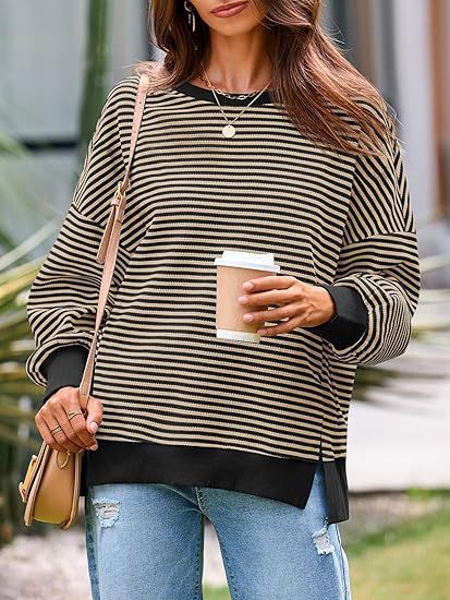 Waffle Knitted Long Sleeve Crew Neck Split Pullover Sweater