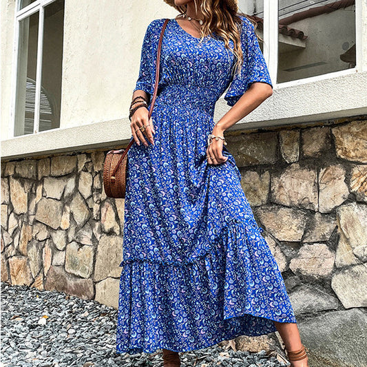 Women's V-neck Beach Lace Printing Dress