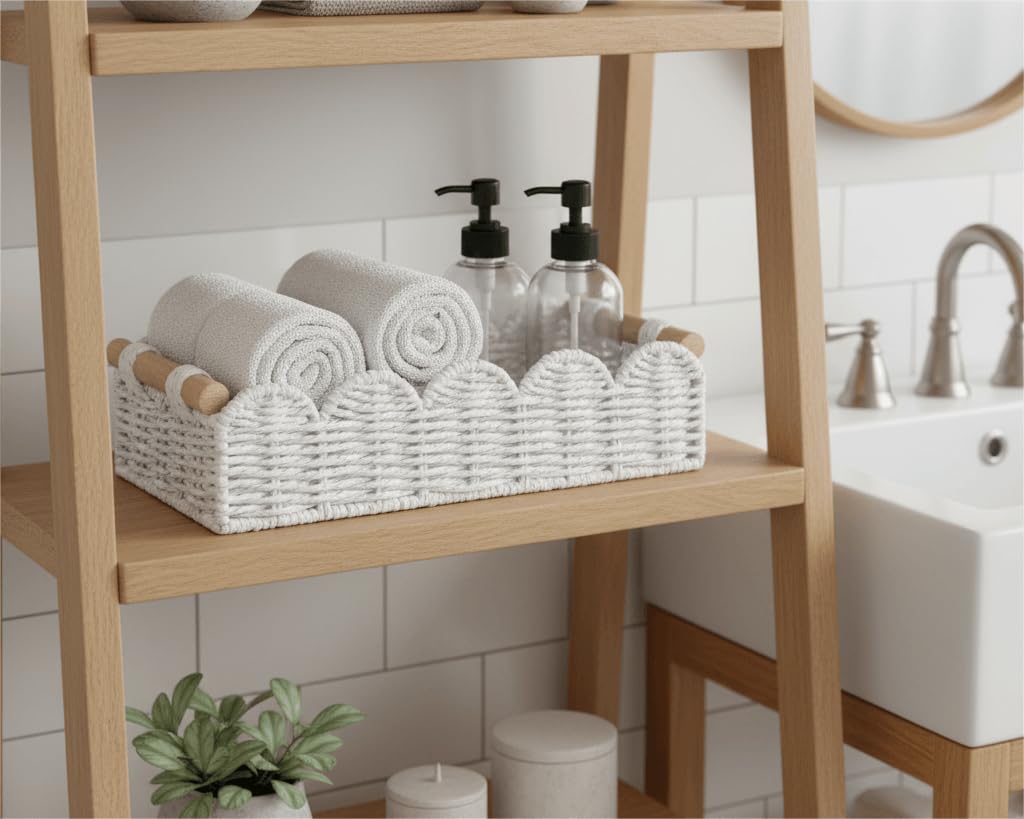 CubesLand Scalloped Toilet Paper Storage Basket W/Handle for Home Decor