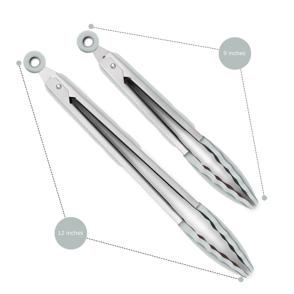 2 Pack Silicone Kitchen Tongs, 9 & 12 Inch, Stainless Steel, Black