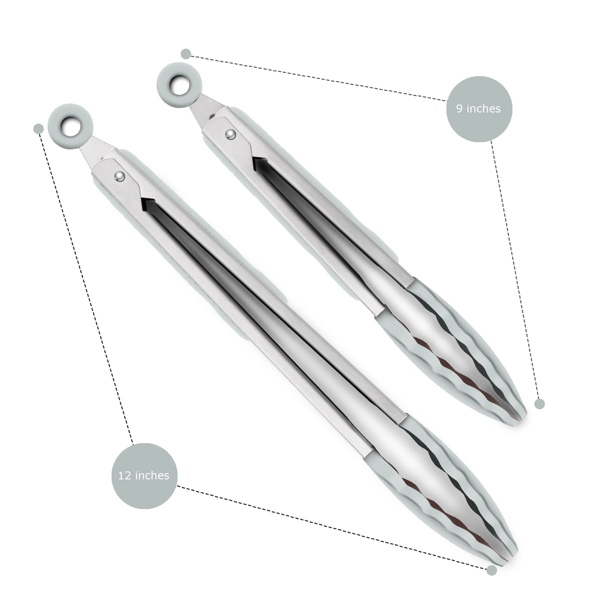 2 Pack Silicone Kitchen Tongs, 9 & 12 Inch, Stainless Steel, Black