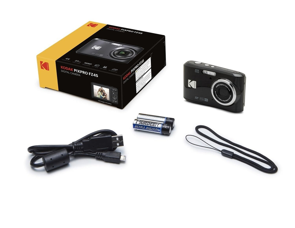 KODAK PIXPRO FZ45 16MP Digital Camera with 4X Optical Zoom 27mm Wide Angle and 2.7" LCD Screen Bundle with 32GB SD Memory Card, AA Batteries (4 Pack), Lens Cleaning Cloth (White)