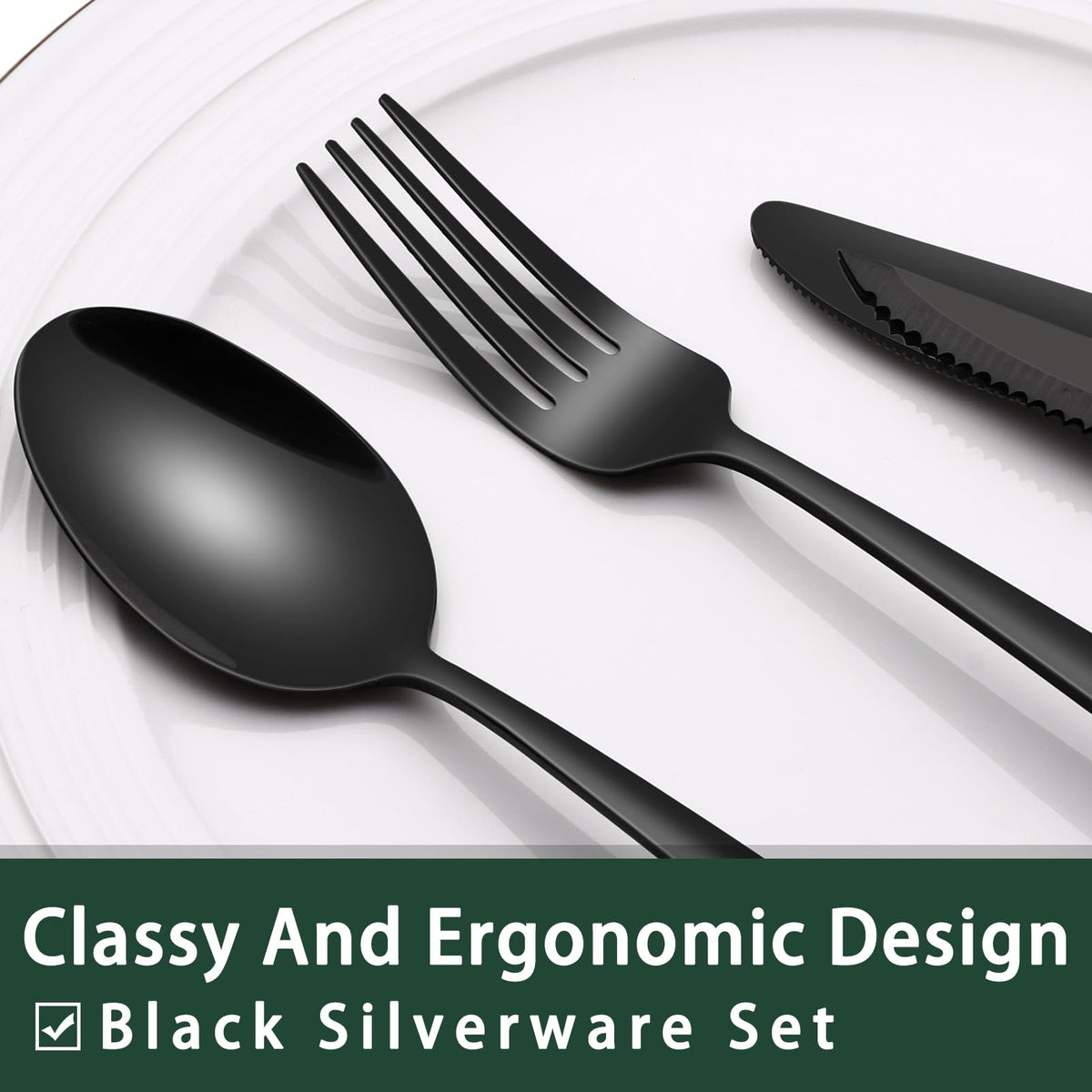EWFEN 24-Piece Black Silverware Set with Steak Knives, Black Flatware Set for 4, Food-Grade Stainless Steel Tableware Cutlery Set, Mirror Finished Utensil Sets for Home Restaurant, Round Edge