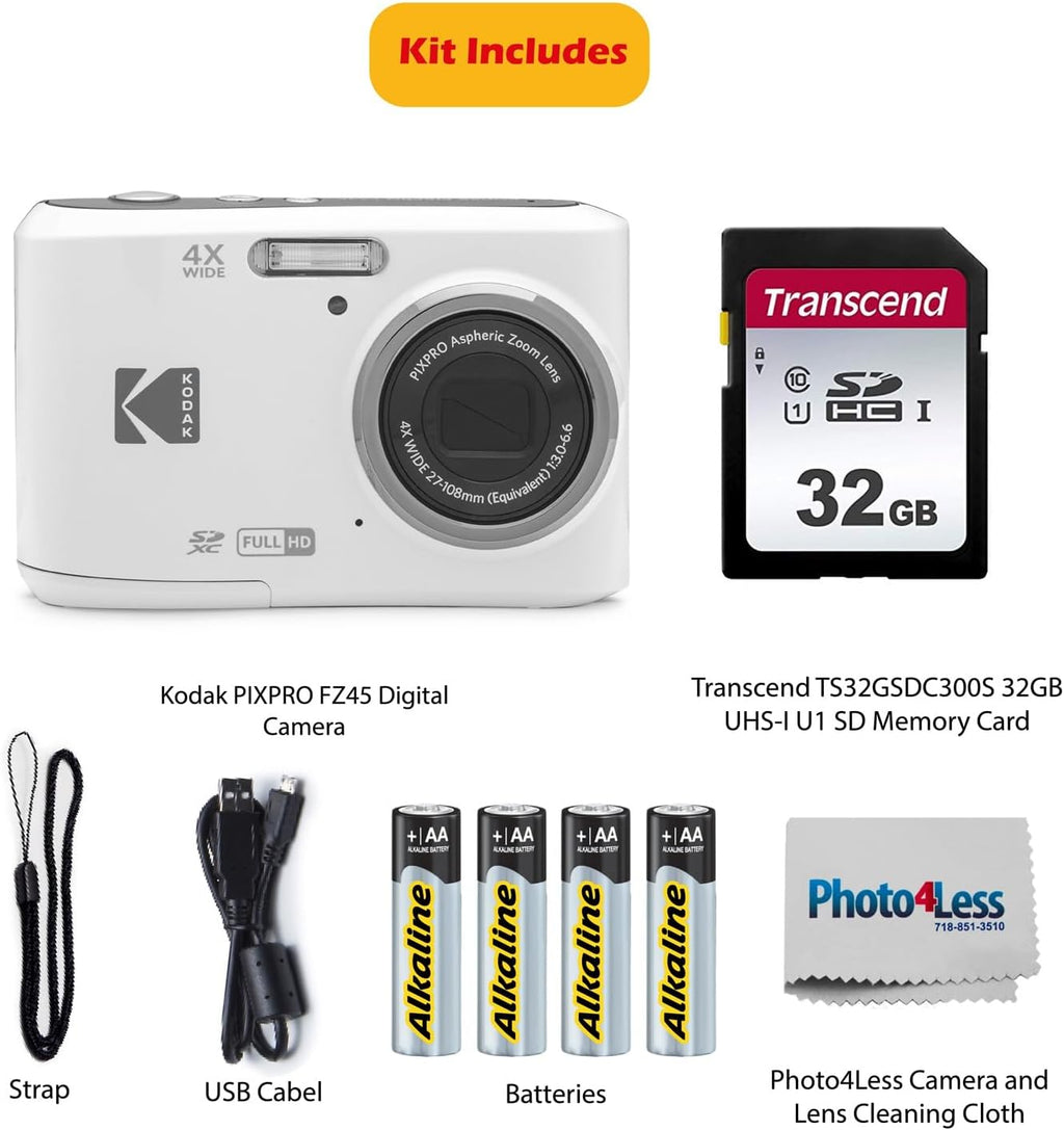 KODAK PIXPRO FZ45 16MP Digital Camera with 4X Optical Zoom 27mm Wide Angle and 2.7" LCD Screen Bundle with 32GB SD Memory Card, AA Batteries (4 Pack), Lens Cleaning Cloth (White)