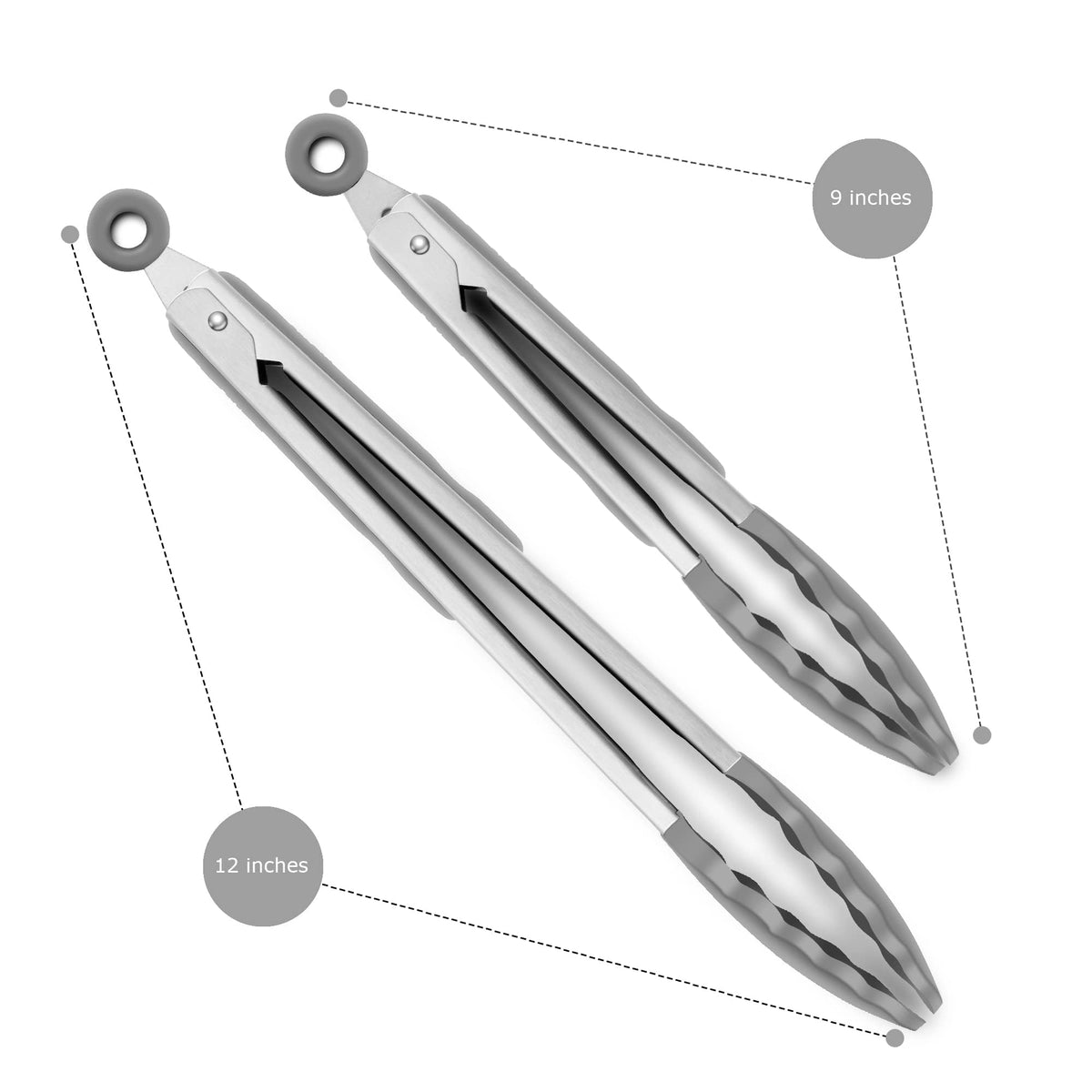 2 Pack Silicone Kitchen Tongs, 9 & 12 Inch, Stainless Steel, Black