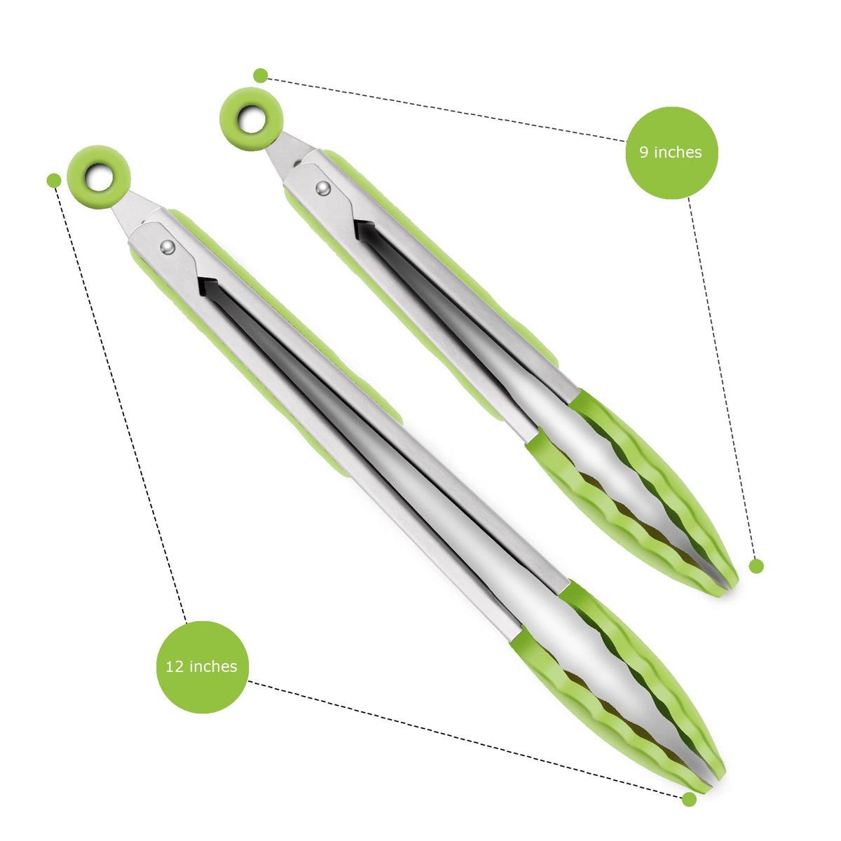 2 Pack Silicone Kitchen Tongs, 9 & 12 Inch, Stainless Steel, Black