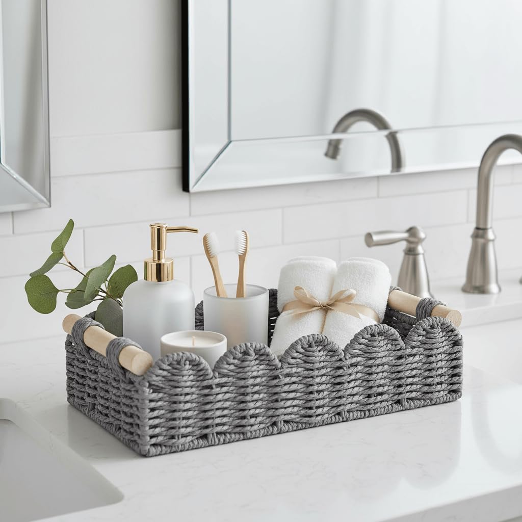 CubesLand Scalloped Toilet Paper Storage Basket W/Handle for Home Decor